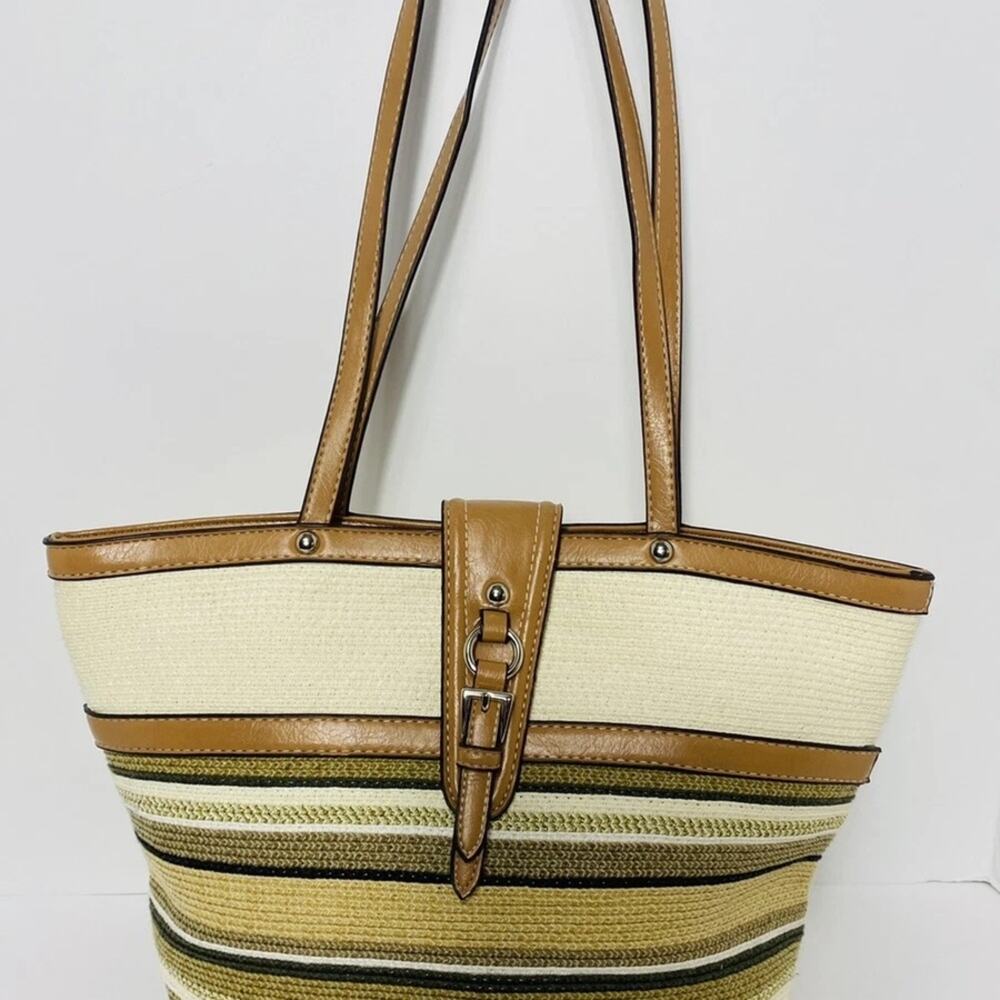 Strada Striped Woven Tote Shoulder Bag Magnetic Closure Neutral Tones
 b50